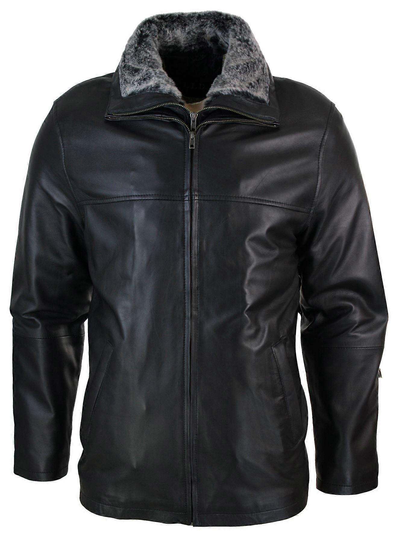 Men's Classic Double Zip Fur Lined Genuine Soft Leather Coat Jacket Regular Fit