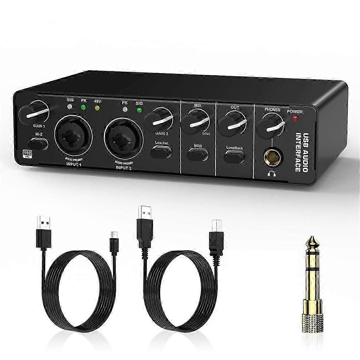 USB Audio Interface, 2 in 2 Out Audio Interface with 48V Phantom Power compatible with Recording,compatible with Guitarist
