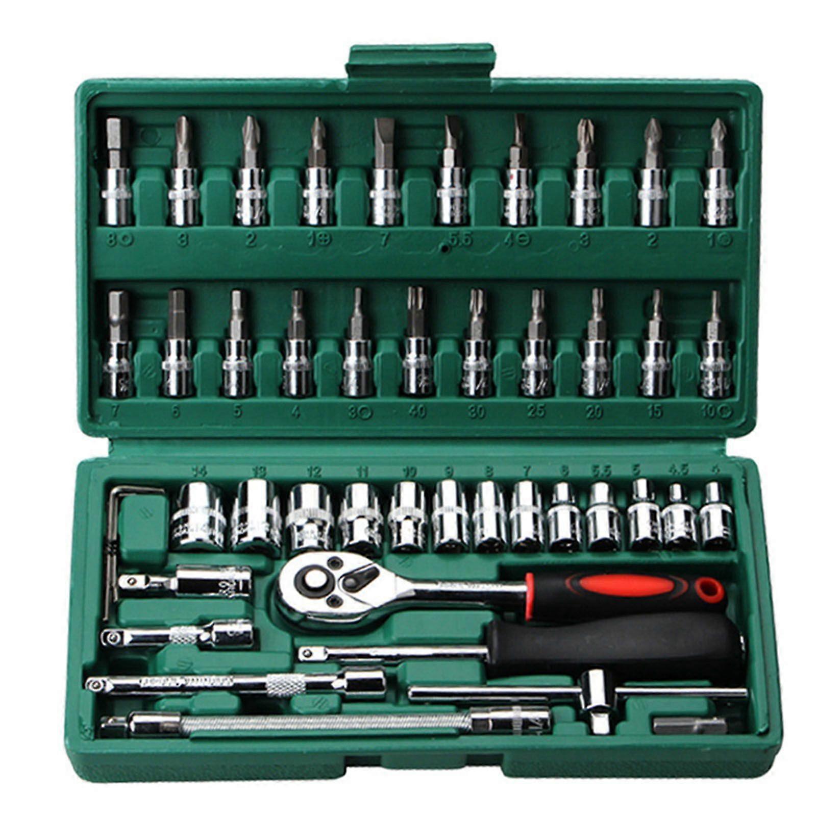 46Pcs Car Repair Tool Set Automobile Maintenance Socket Wrench Combination Hardware Green Box