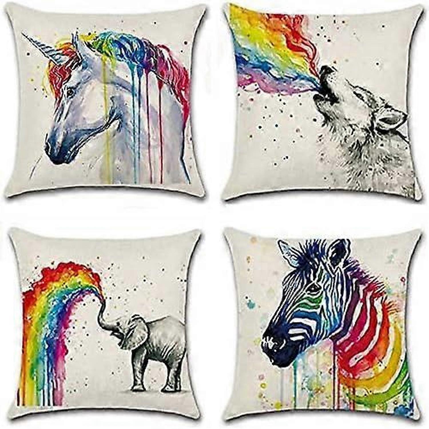 4 Pcs Patterns Colorful Animal Unicorn Bird Zebra Wolf Elephant Printed Pillow Case Cushion Case for Home Textile,45x45cm