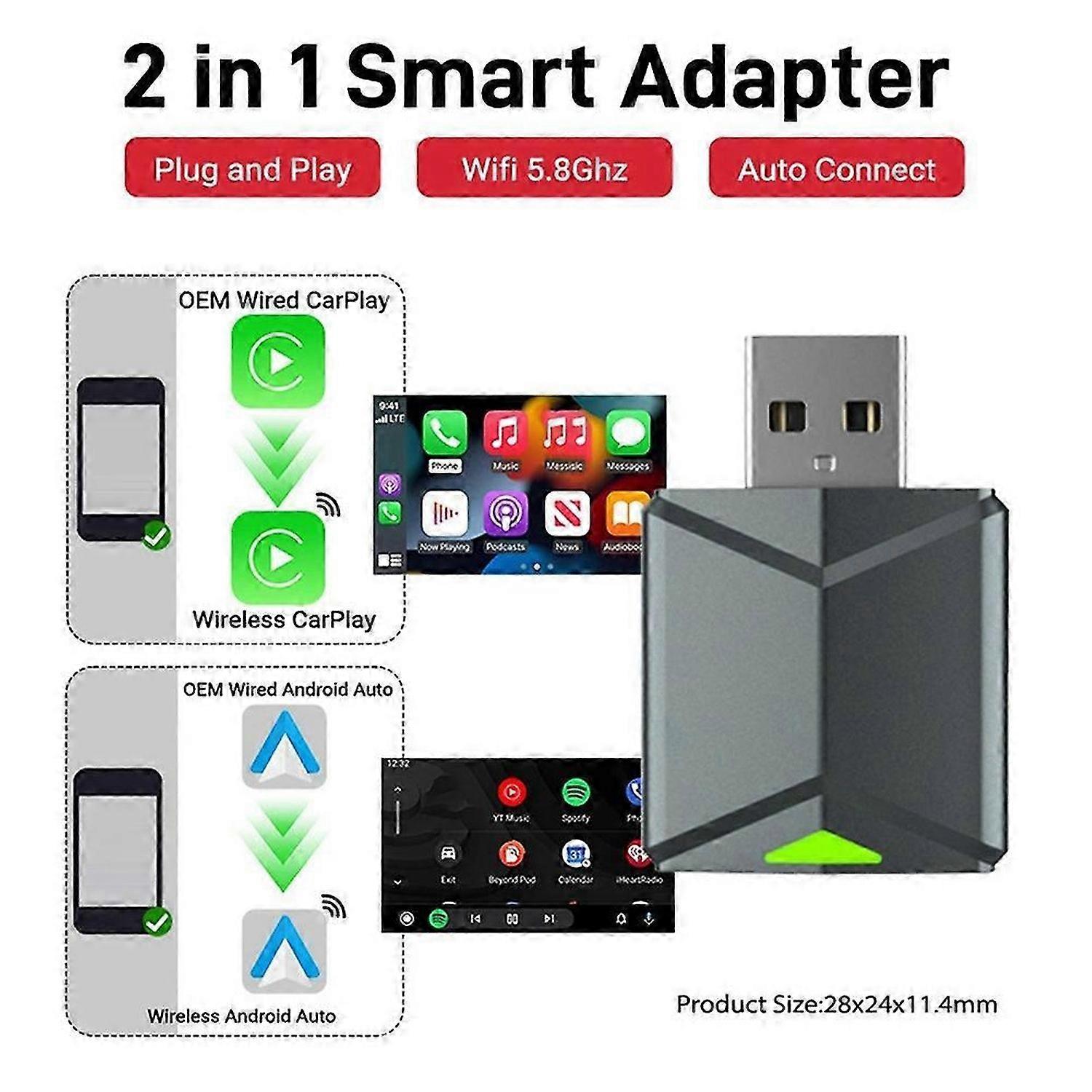 Wired to Wireless 2 in 1 AI Box Carplay 5G Wif & Bluetooth 5.0 Android Auto Plug and Play Non-Inductive Connection