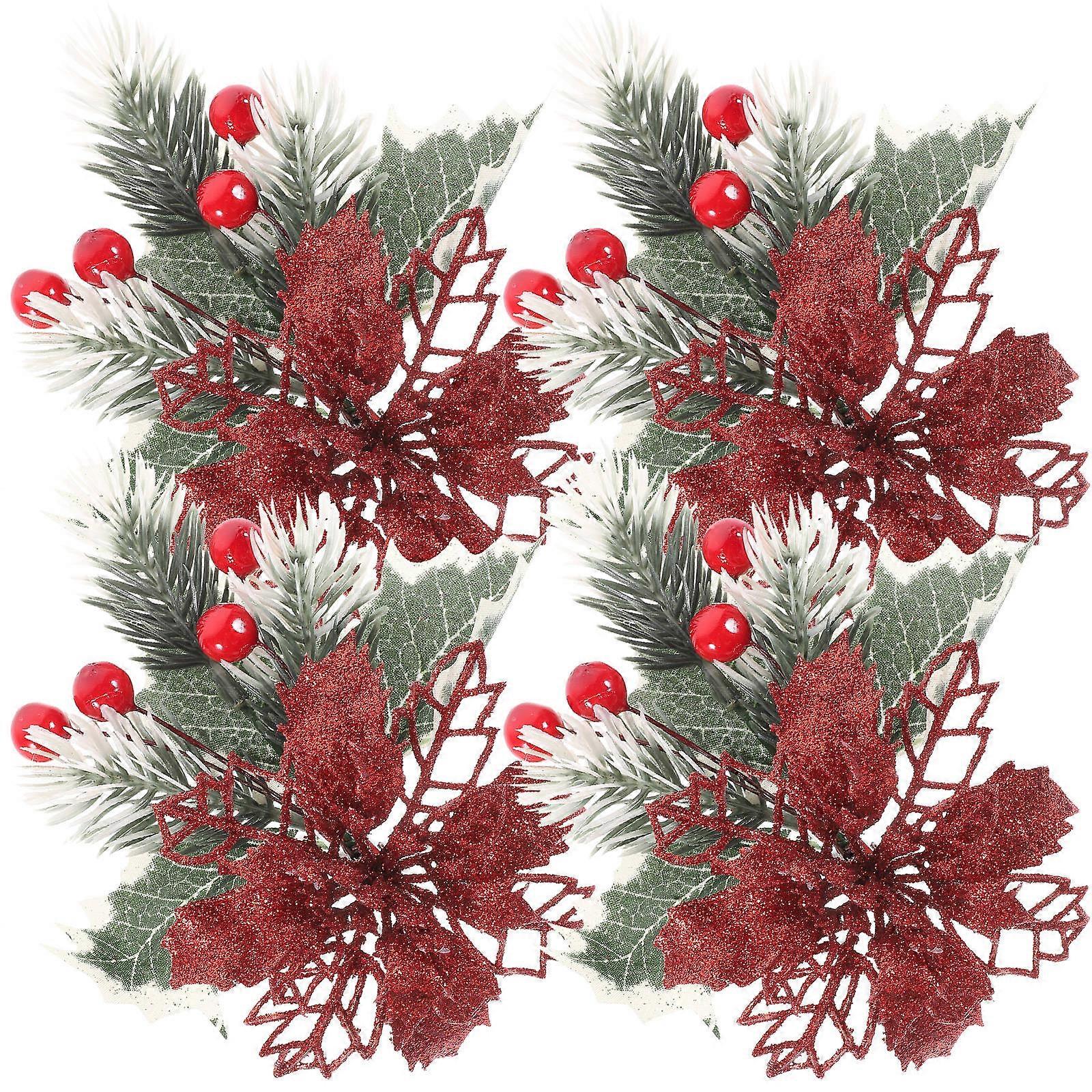 4Pcs Christmas Decorations Artificial Poinsettia Flowers for Tree