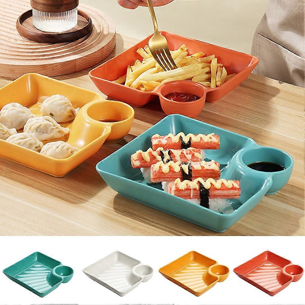 Happy Date Ceramic Dumpling Plate with Sauce Compartment, 7" Serving Plate Compatible with Japanese Style Dipping Sauces