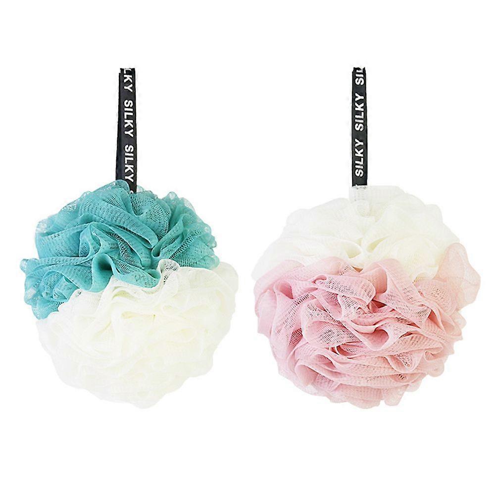 2pcs Large Shower Ball Bath Ball Double Color Mesh Sponge Mesh Pouf 60G (White and Pink + White and Green)