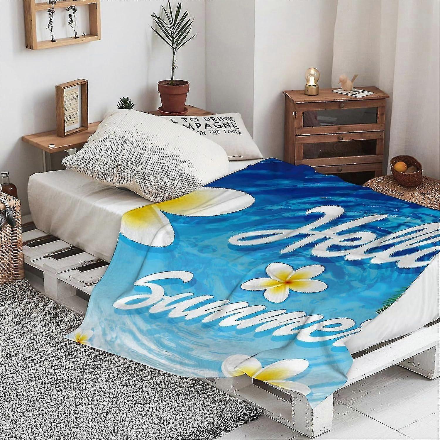 Blanket Warm Soft Hello Summer Poster With Palm Leaf And Plumeria Flowers On Water Backgroun Throw Blanket,winter Warm Sofa Bed Throw Bed Picnic Blank