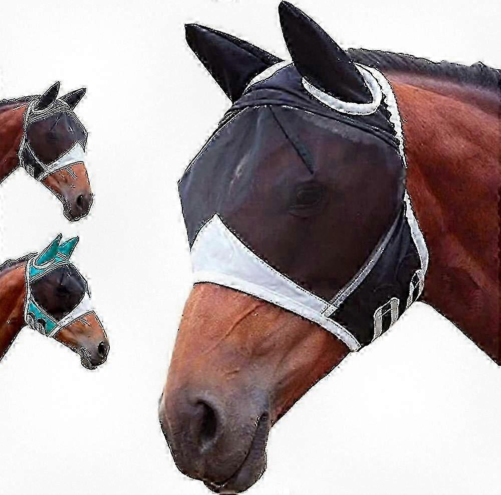 UV protective stretchy horse fly mask with ear nets, forelock opening, breathable mesh, reflective trim, eye dart, and hook closure