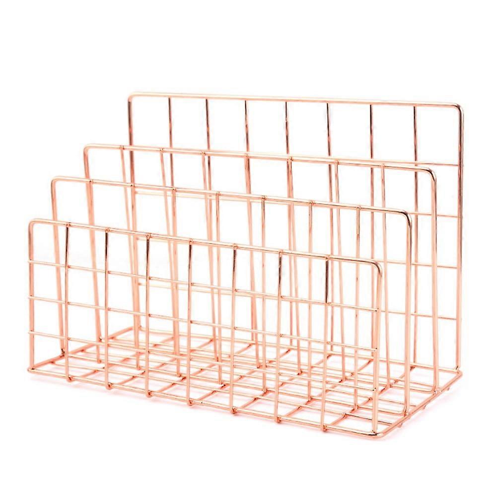 Minxio Vertical Wire File Filling Rack Wrought Iron Desktop File Holder, Rose Gold(Large)