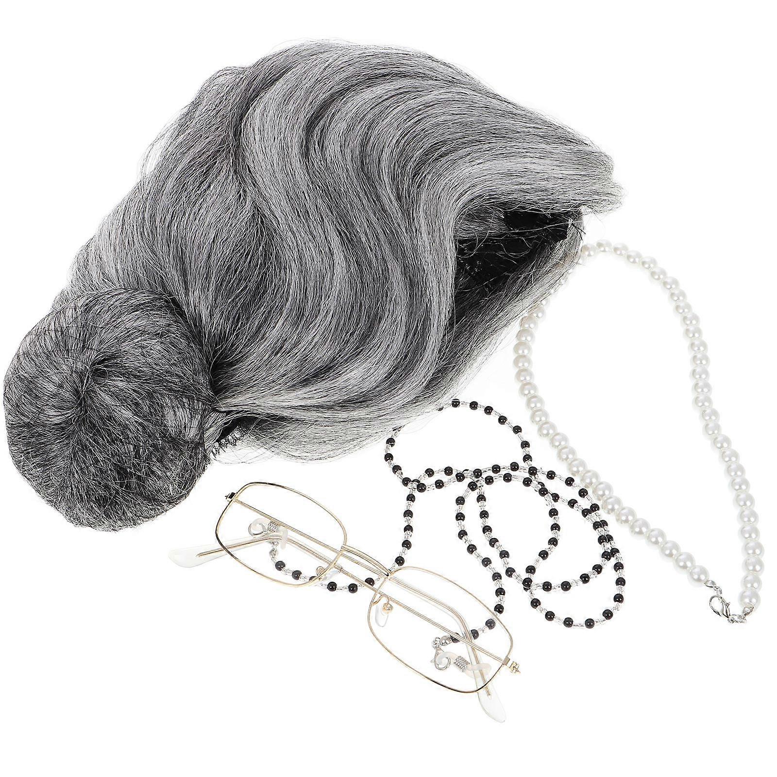Old Lady Costume Set for Stage Performance Including Wig and Glasses