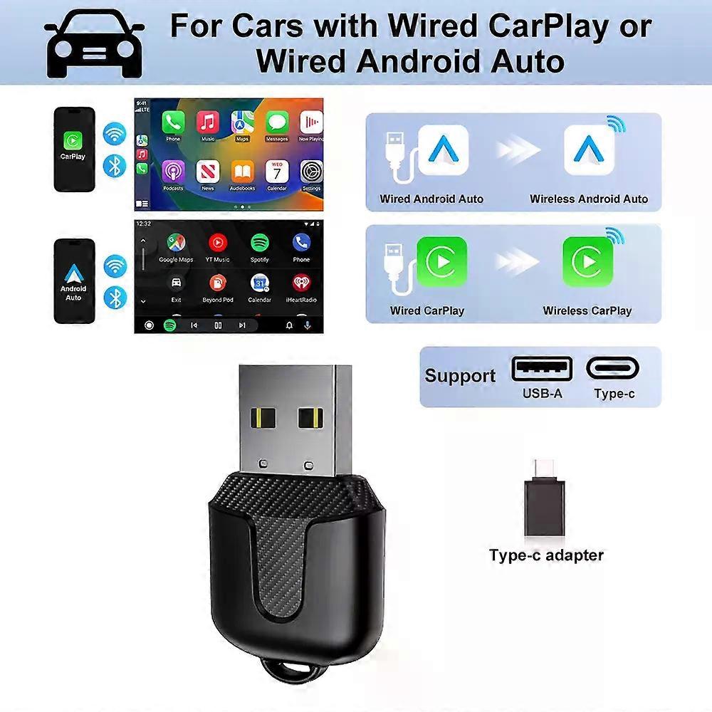 2025 Wired To Wireless CarPlay Android Auto Adapter 5GHz WiFi5.0,USB/type-c Plug and Play, for Original Wired CarPlay/Auto Cars