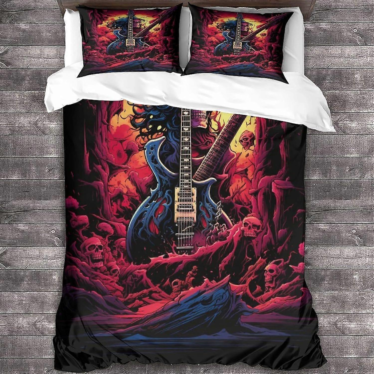 Conjunto de capa de edredom com estampa de rock 'n' roll, capa de edredom com estampa de caveira 3D, conjunto de cama para adolescentes com estampa de guitarra heavy metal, linda decoração para quarto, colcha de 3 peças.