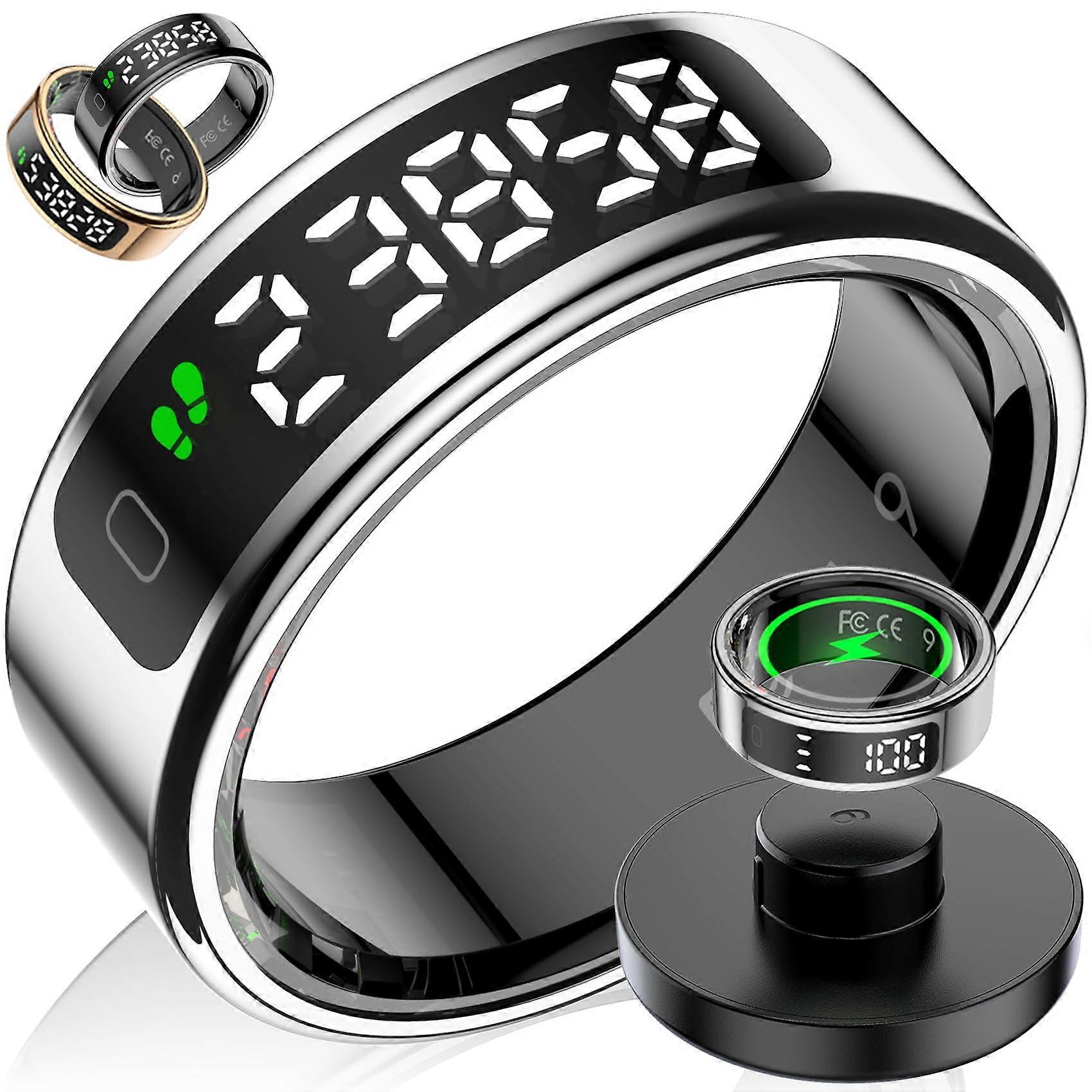 Smart Ring with LED Display, Fitness Tracker Ring for iOS and Android, Sleep and Health Monitoring, Silver Size 12
