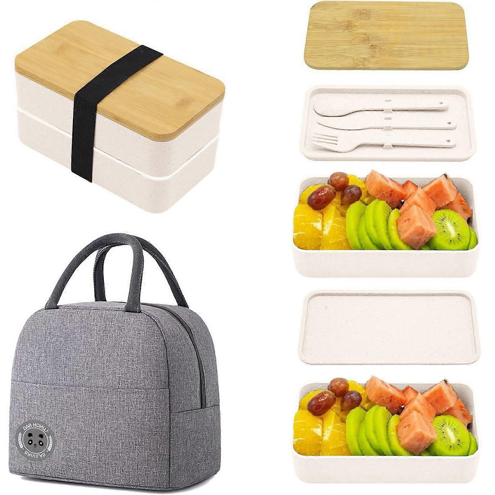 Japanese Lunch Box PP Plastic Bamboos Lid Double Layer Meal Preps Food Container with Utensils Stackable Divided Bentos Box  White