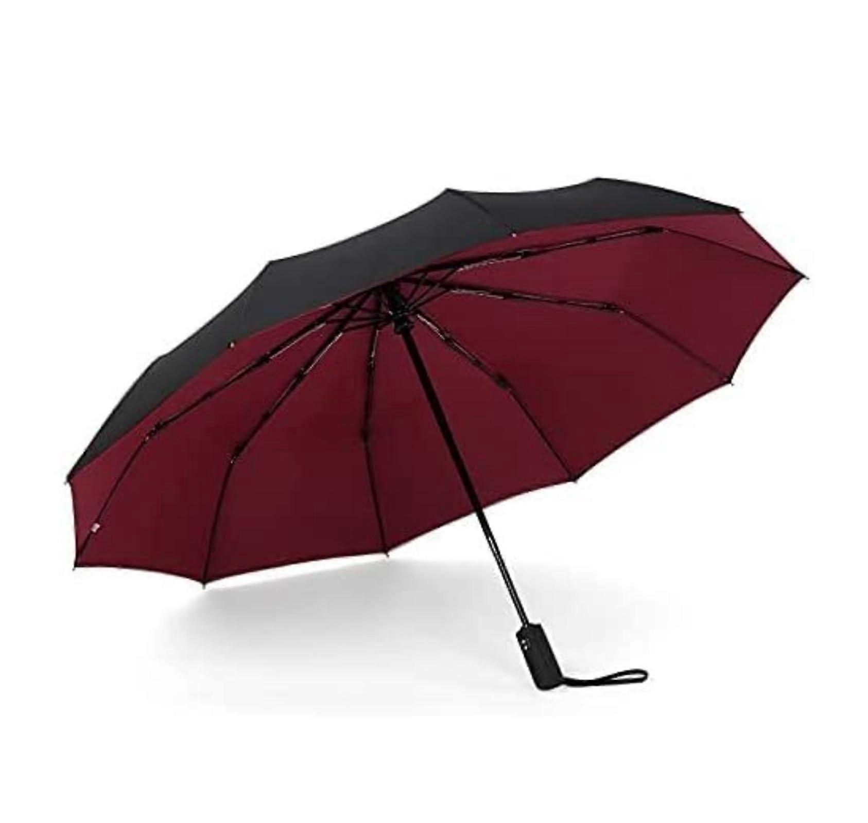 Windproof Travel Umbrella Double Layer Fully Automatic Folding Large 10K Frame Burgundy