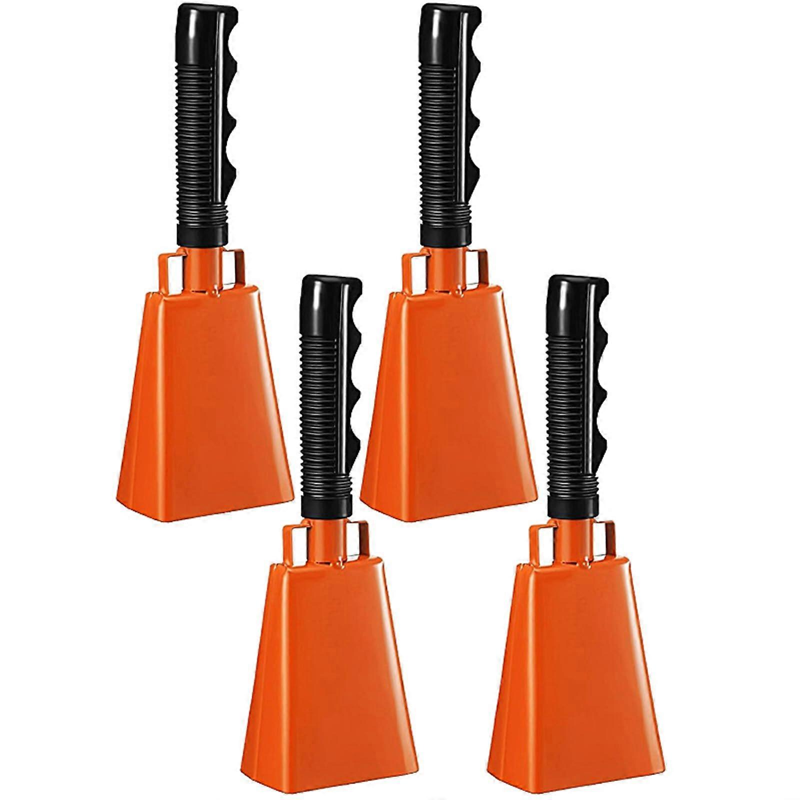 4Pack 9' Orange Handheld Cowbells with Ergonomic Grip for Loud Sporting Events