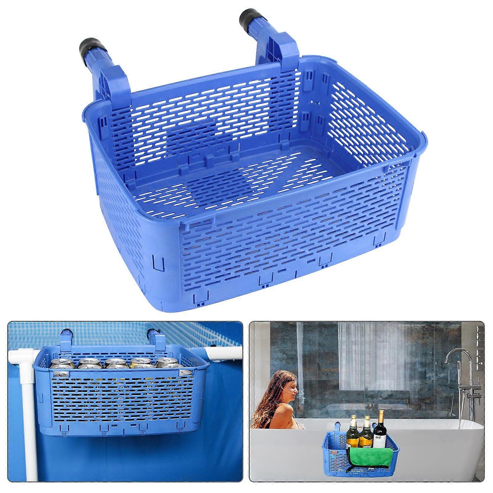 Poolside Storage Basket with Adjustable Handle, Durable Above Ground Pool Organizer in Blue
