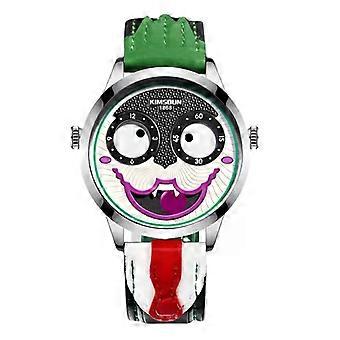 Colorful Cartoon Character Watch with Green and Red Leather Strap