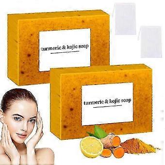 2 stücke Zitrone Kurkuma Kojic Seife, natürliche handgemachte Seife, Kurkuma Seife Stück für Gesicht und Körper, glatte Haut Kurkuma Seife, Tiefenreinigung Seife 100g