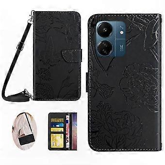 Capa de Telefone de Couro com Design de Borboleta e Alça de Ombro para Redmi 13C