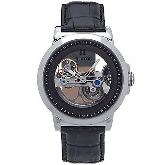 Heritor Automatische Xander Semi-Skeleton Leather-Band Horloge - Zilver/Zwart