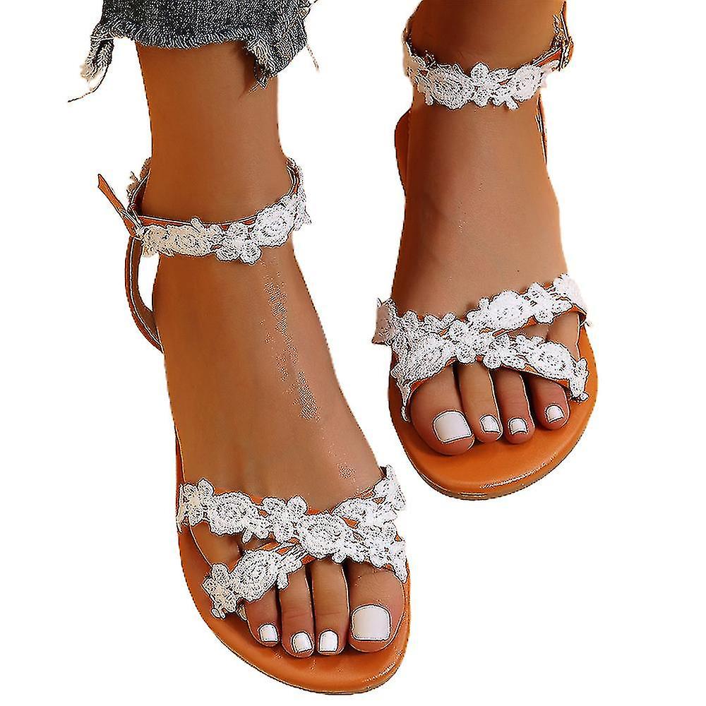 Women Lace Floral Open Toe Flat Sandals Ankle Beach Strap Buckle Shoes