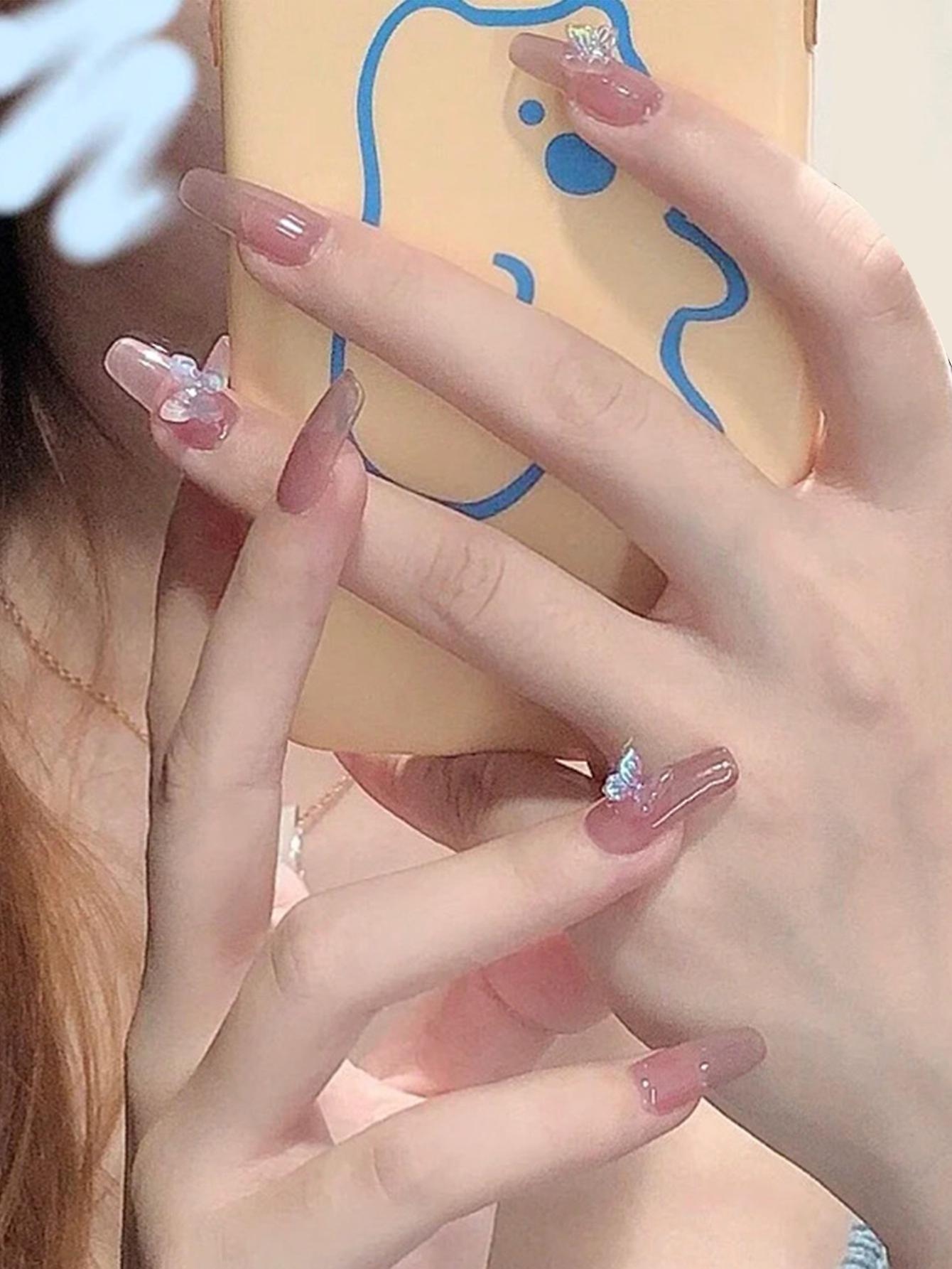 24pcs Butterfly Fake Nail Patch Glue Type Removable Long Paragraph Nails Patch