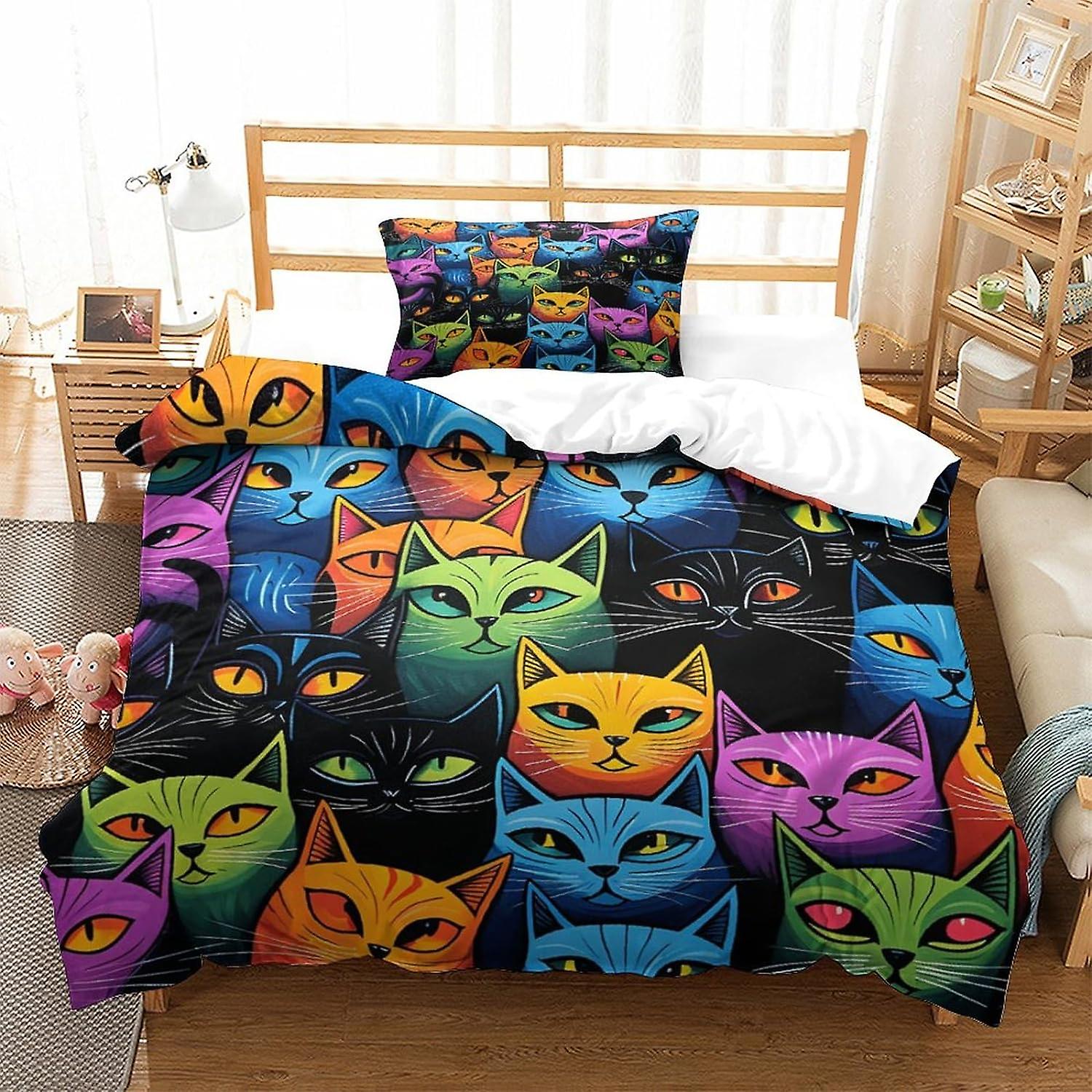 Brightly Coloured Cat Bedding Duvet Cover Set Soft Microfiber Luminescent Cat Bedding Set Quilt Cover Set with Zipper Closure And Pillow Shams for Kid