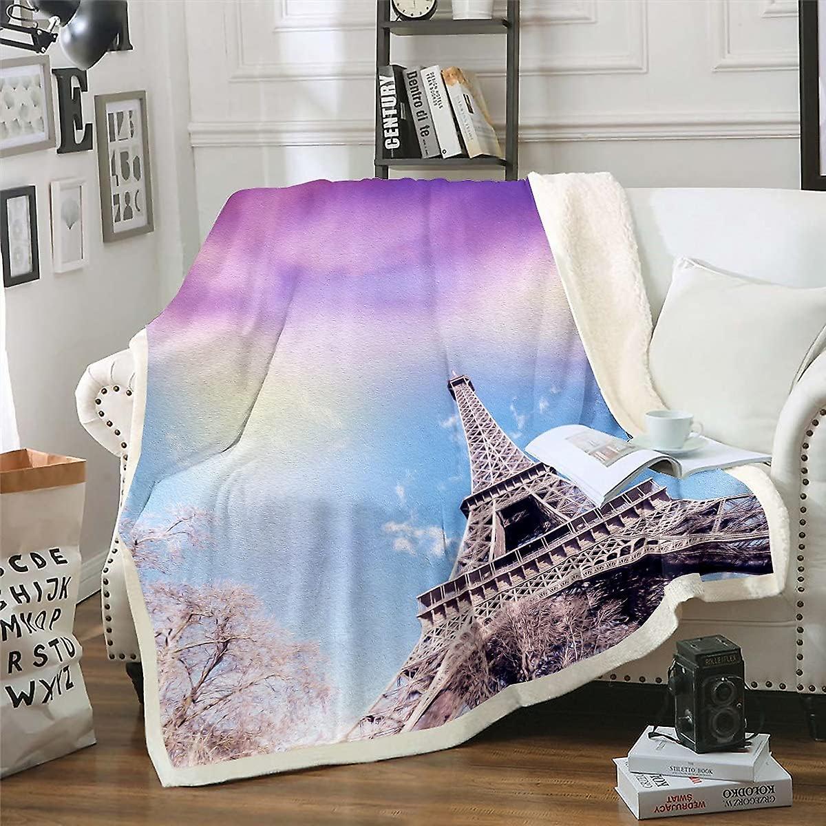 Eiffel Tower Fleece Throw Blanket for Bed Sofa Chic Paris Plush Blanket Cityscape Sherpa Blanket Modern French Tree Sunset Warm Fuzzy Blanket King