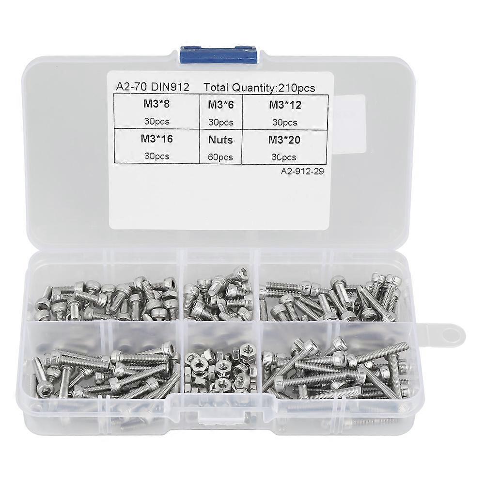 M3 304 Stainless Steel Hex Socket Bolt Screws Nuts Assortment Kit 210pcs with Box