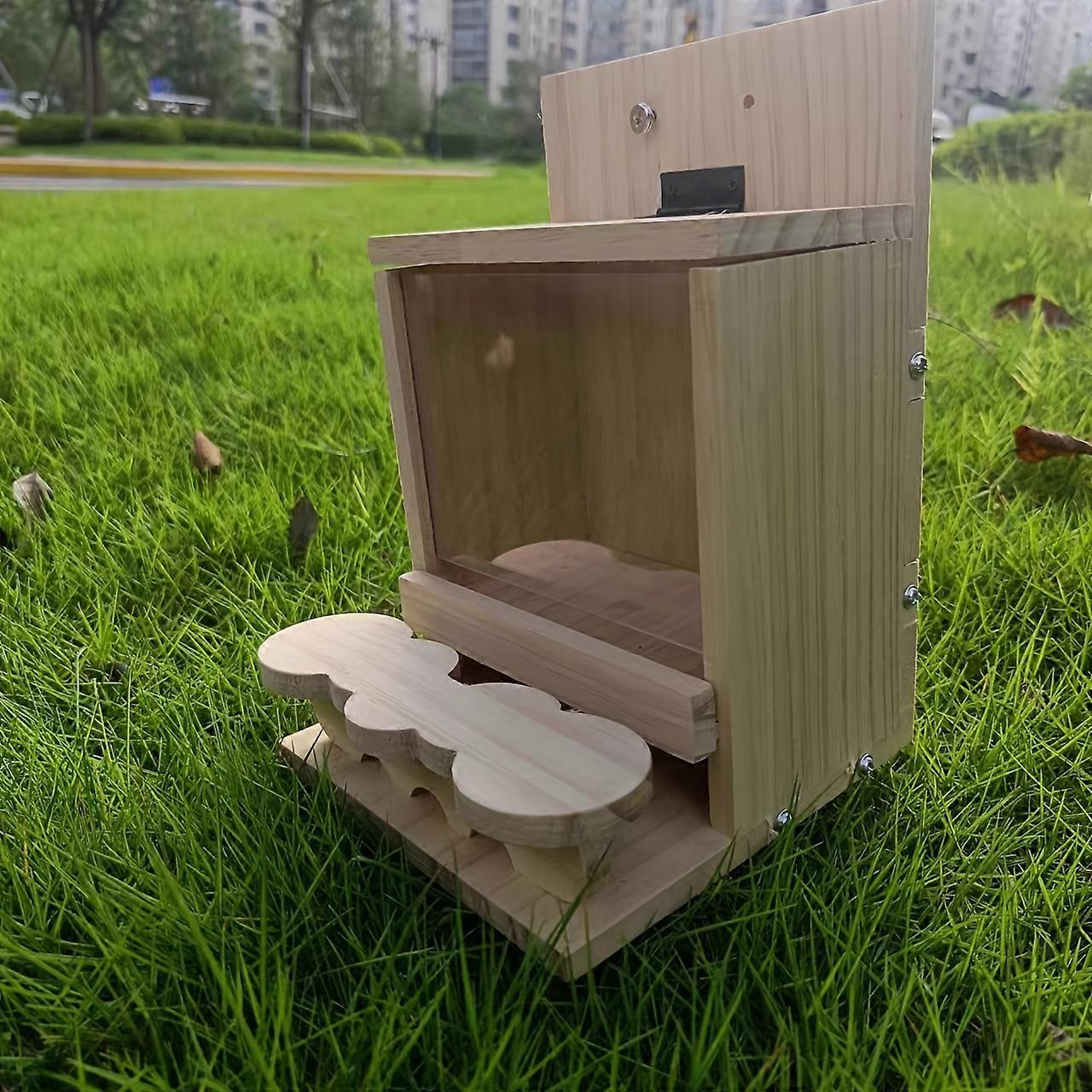 Outdoor Hanging Wooden Squirrel Feeder - Solid Wood Garden Feeding Station with Picnic Table Design for Small Animals, Durable Nut Dispenser Box for S
