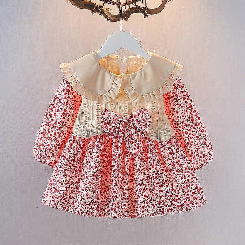 幼児の赤ちゃんの女の子のプリントドレススウィートベイビー長袖フリルパッチワークドレス秋の幼児プリンセスドレスとヘッドバンド