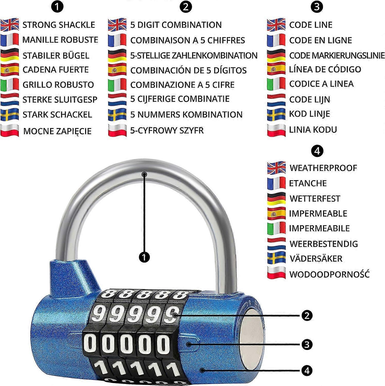 Lot De 2 Cadenas à Code 5 Chiffres Bleu - Sécurité Renforcée - Étanche Et Réinitialisable - Pour Casier, Portail, Sac