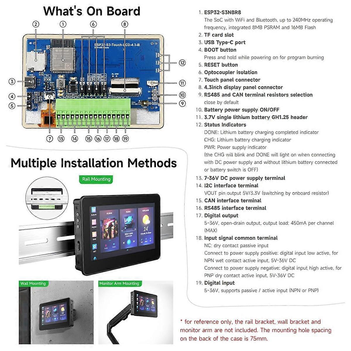 ESP32-S3 4,3-Zoll-Touch-LCD-Entwicklungsboard mit Gehäuse, 800 x 480, 5-Punkt-Touch, 32-Bit-LX7-Dual-Core-Prozessor