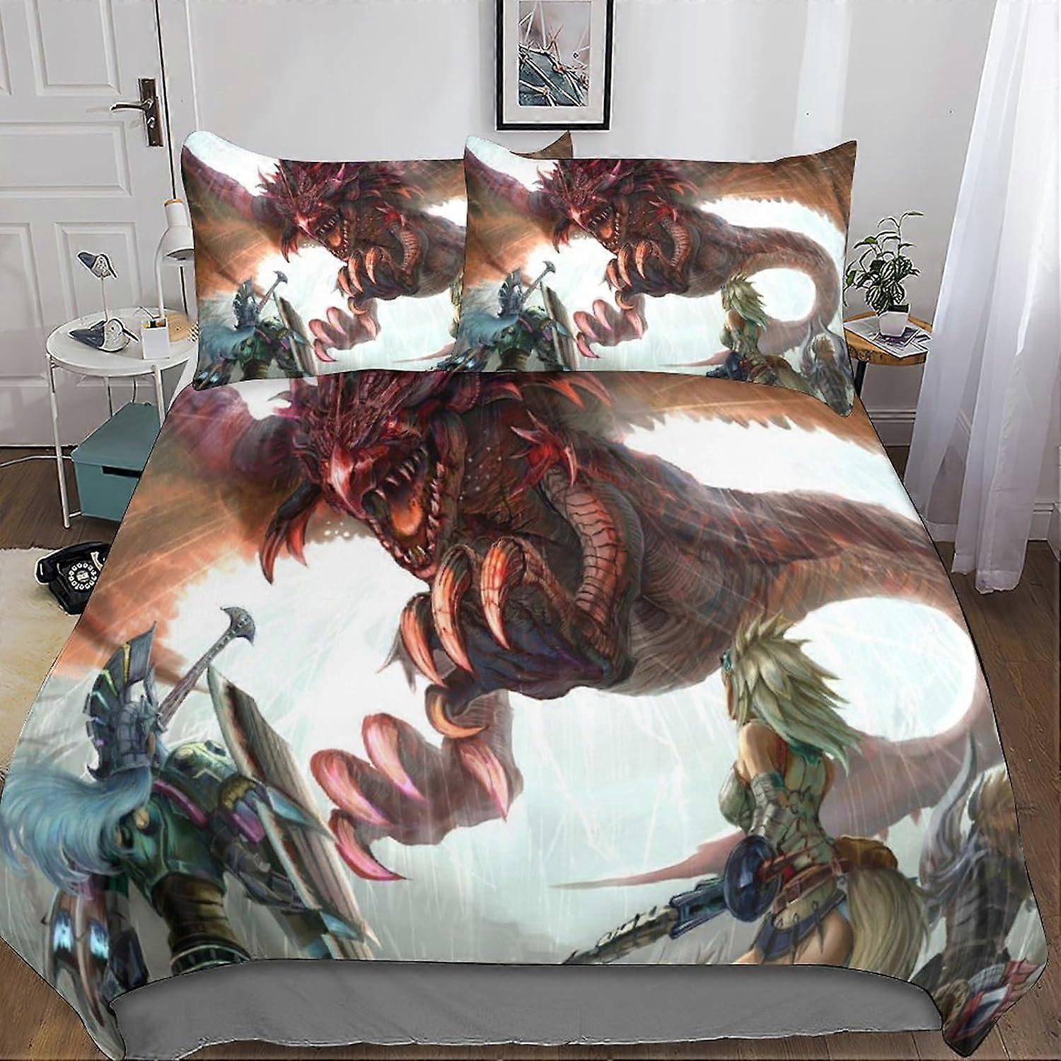 Monster Hunter 3D Bedding Set, 3 Pcs Game Bedding Set, Microfiber Duvet Cover & Pillowcases with Zipper Closure for Single or Double Bed
