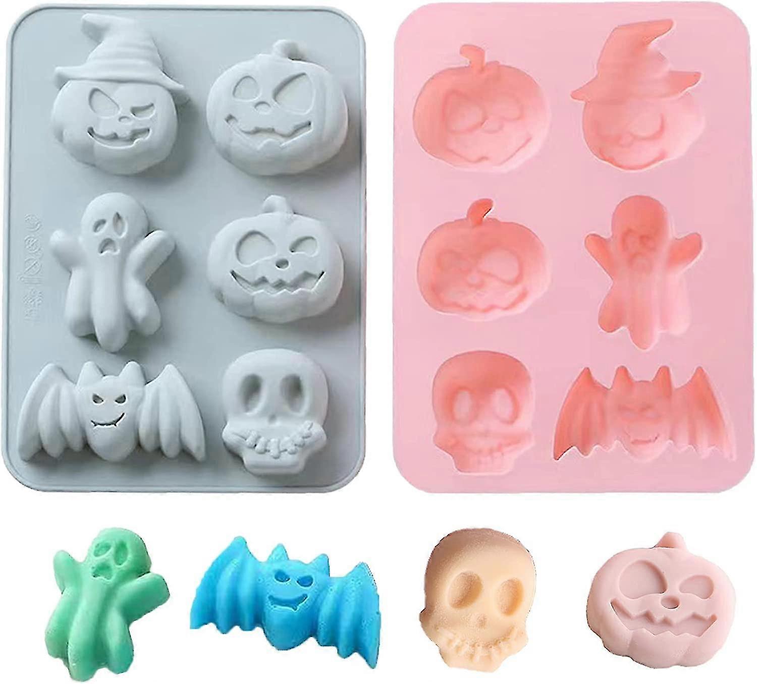 2 Pcs Halloween Silicone Baking Mold Pumpkin Bat Skull Ghost Shape Cake Mold For
