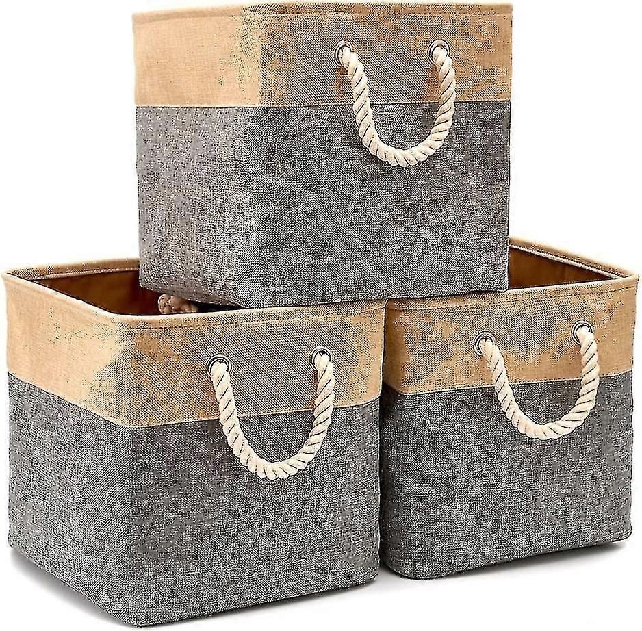 Foldable Cotton Jute Storage Box With Handle, Laundry Hamper, Storage Cabinet For Shelf, Bookcase, Bathroom - Set Of 3, Beige And Gray