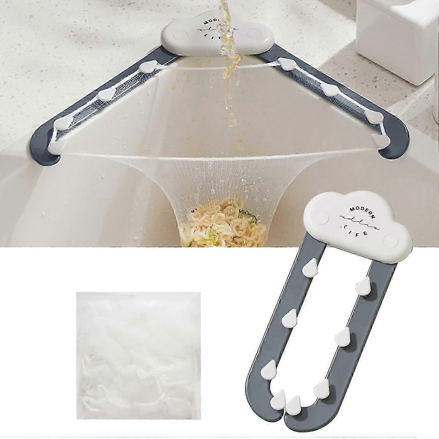Küchendreieck Spüle Sieb Filter Tri-Halter Küchenspüle Sieb Abflusssieb mit einem faltbaren Gestell und 100 Stück filternden Netznetzbeuteln - Grau