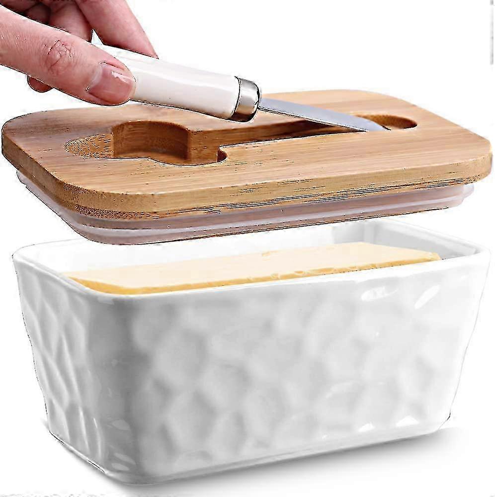 Butter Dish Ceramic Butter Dish With Lid Porcelain Butter Dish With Knife And Lid Upgrade Airtight Large Butter Box Unique Stone Pattern White