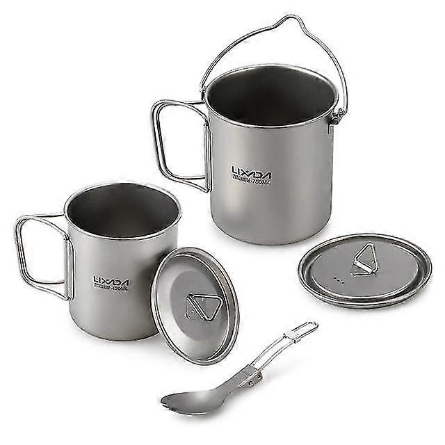lixada 3 pieces titanium 750ml pot 420ml water cup mug with lid handle folding spork outdoor camping picnic cookware