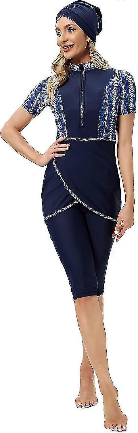 Women Modest Swimwear Islamic Muslim Swimsuit Short Sleeve Zipper Front Top Shorts Pants Hijab 3pcs Swimming Costume S-4xl Xinmu