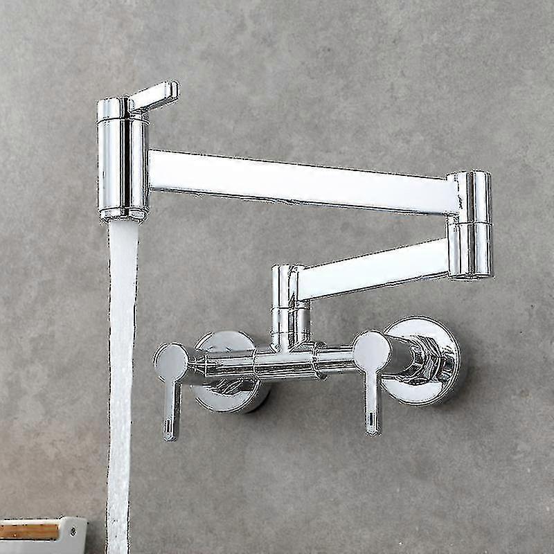 صنبور حوض مطبخ قابل للطي بمقبضين من النحاس الذهبي مثبت على الحائط مزود بذراع متأرجح