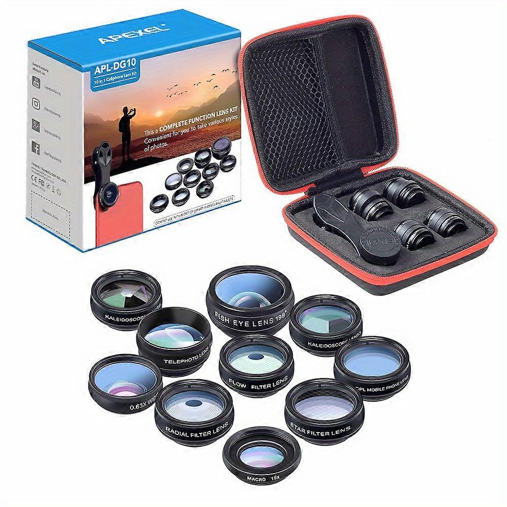 Apexel 10 In 1 Phone Camera Lens Kit Wide Angle/Macro/Fisheye/Telephoto/CPL/Flow/Radial/Star Filter/Kaleidoscope Lens For IPhone And Most Phone Mobile