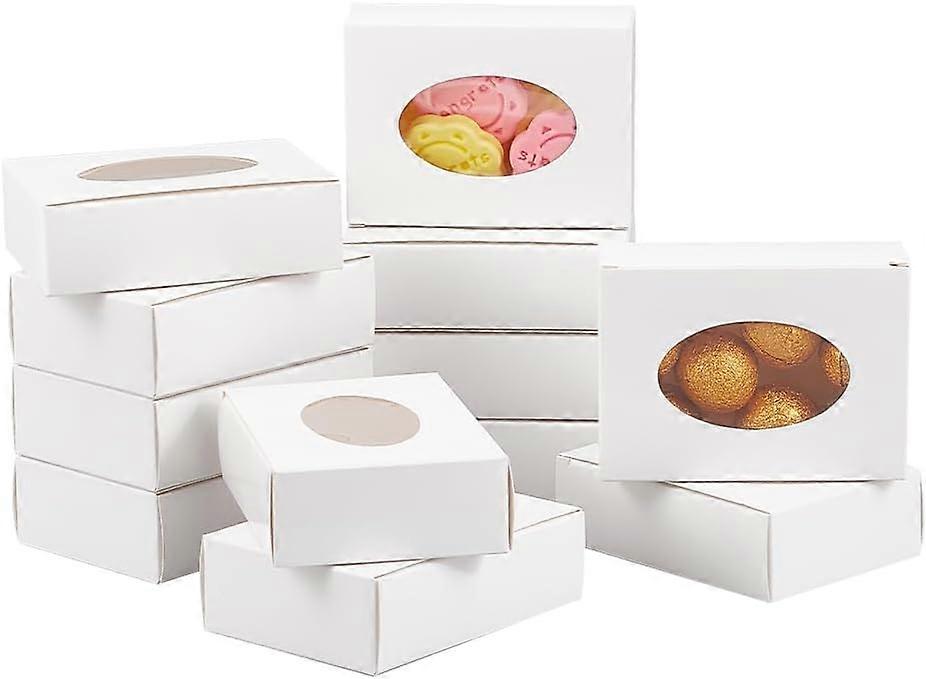 25 Pcs Paper Boxes with Window 3.74x2.76x1.1 Inch Rectangle Folding Paper Boxes Kraft Paper Present Boxes with Oval Visible PVC Window White