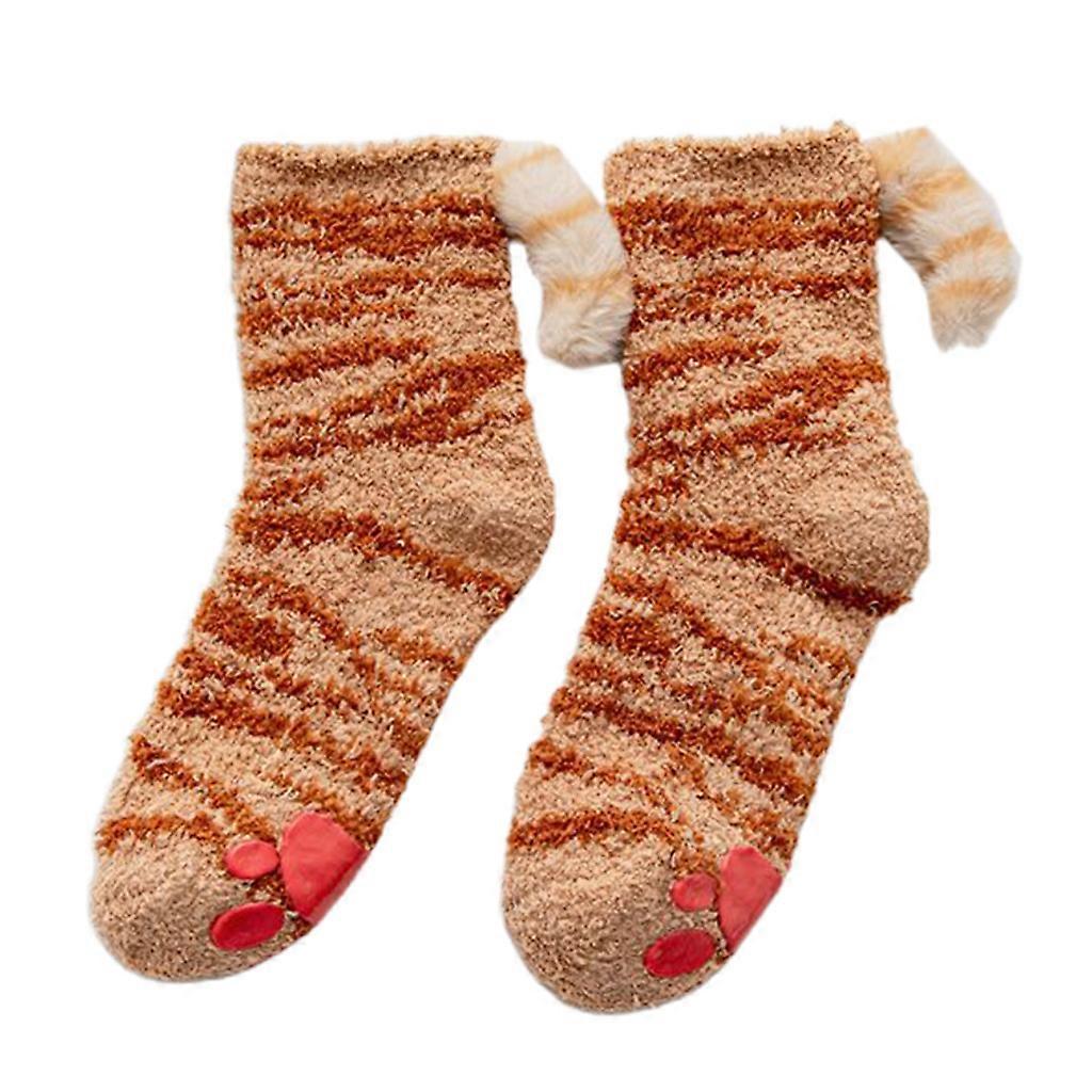 Women Cute for Cat Paw Fuzzy Slipper Socks with Grippers 3D Plush Tail Warm Hosi
