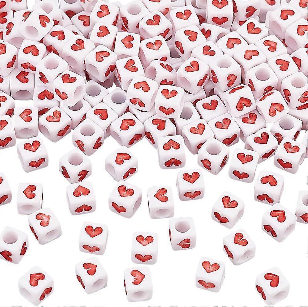 200Pcs 6mm White Red Heart Bead Acrylic Cube Heart Beads with 3mm Hole Square Loose Heart Beads Pony Loose Spacer Beads Opaque Acrylic Cube Beads for 