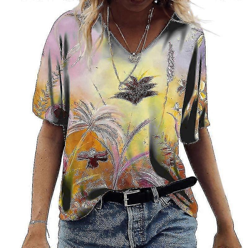 Ladies Baggy S Print Kvinder Løs V-hals Tee Tunika Bluse SHznv
