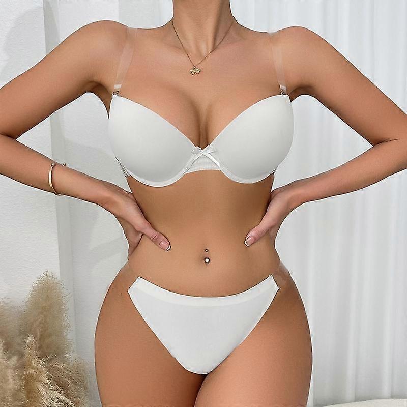 Women Invisible Bra and Thong Set Removable Transparent Straps Low-Waist Panties B C Cup Bralette Underwear for Halloween Christmas Party Back Design