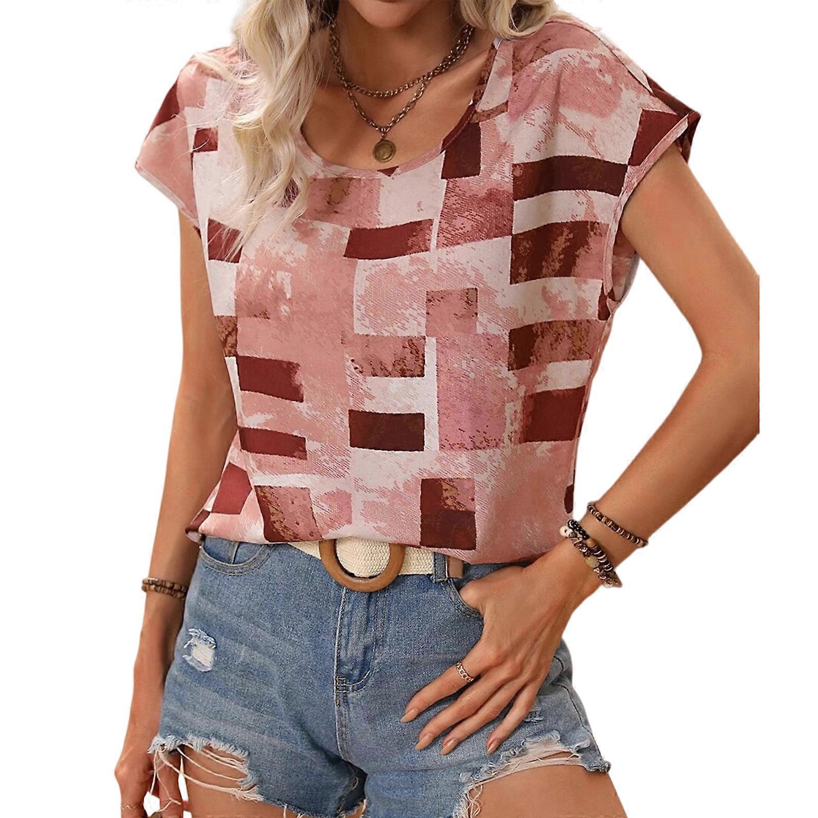 Bayan Kısa Kollu Üstler Gevşek T-Shirt Rahat Yuvarlak Boyun Gömlek Bluzlar Tees Tunik Üstleri Geometri Baskılı Moda Filmler Kırmızı XL