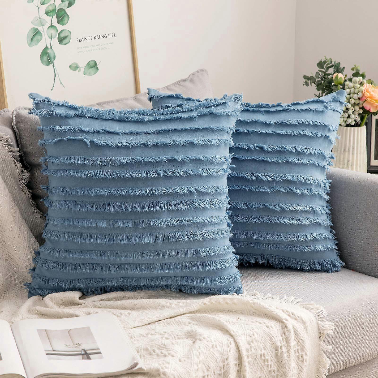 2 decorative Boho Pillow Case Set Set Linen Striped Jacquard Patterned Pillow Cases Sofa Sofa Living Room Bedroom 18x18 Inch Blue