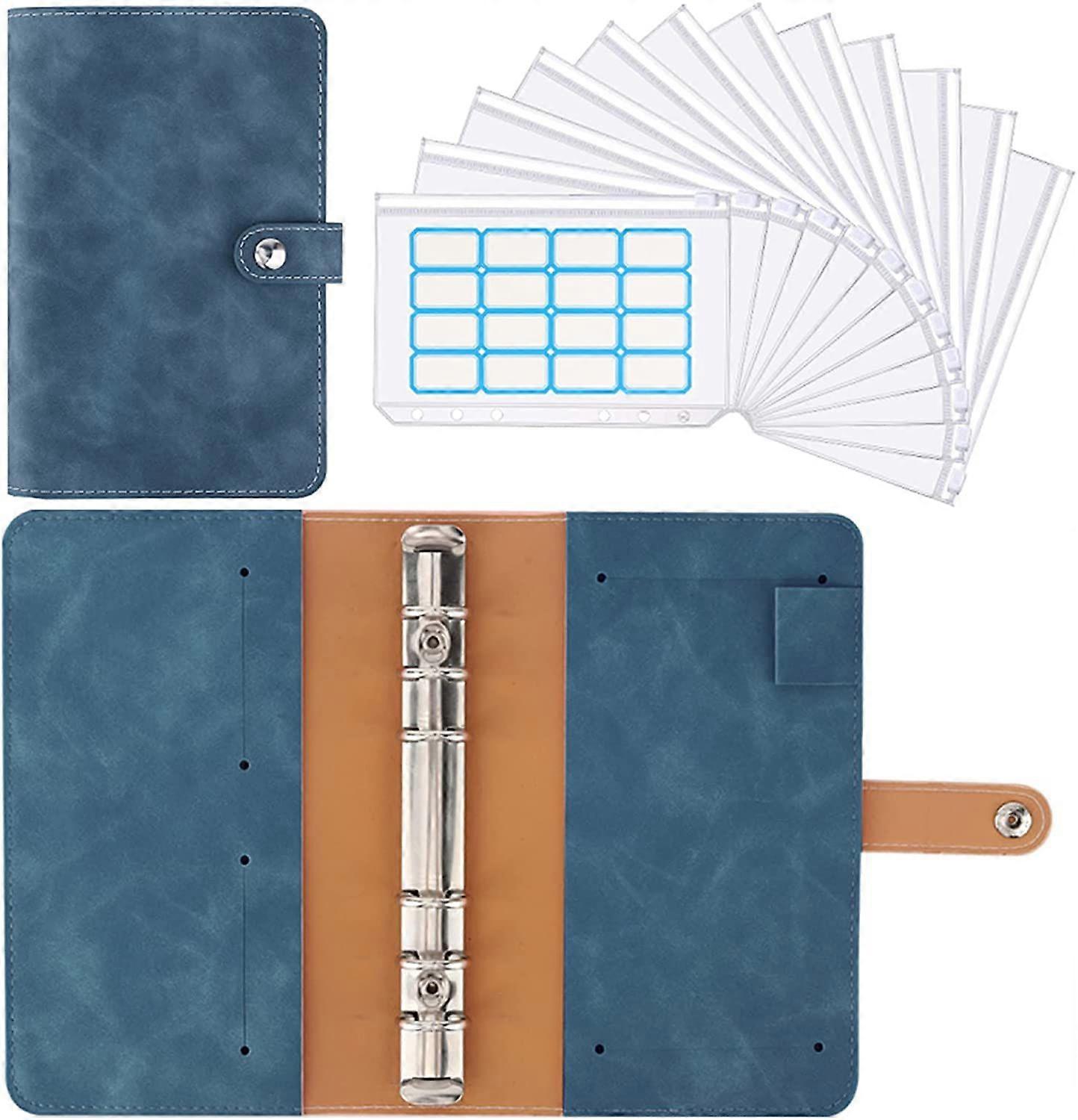 A6 PU Leather Budget Binder with 12 Pcs Clear Plastic Zipper Cash Envelopes and Label, Blue
