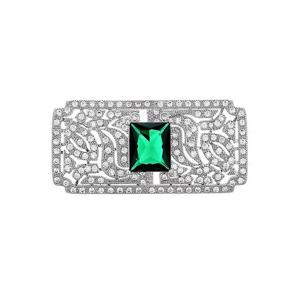 Bohemia Green CZ Rectangular Brooch Pin Silver Planeled Elegant Emerald Birth Stone